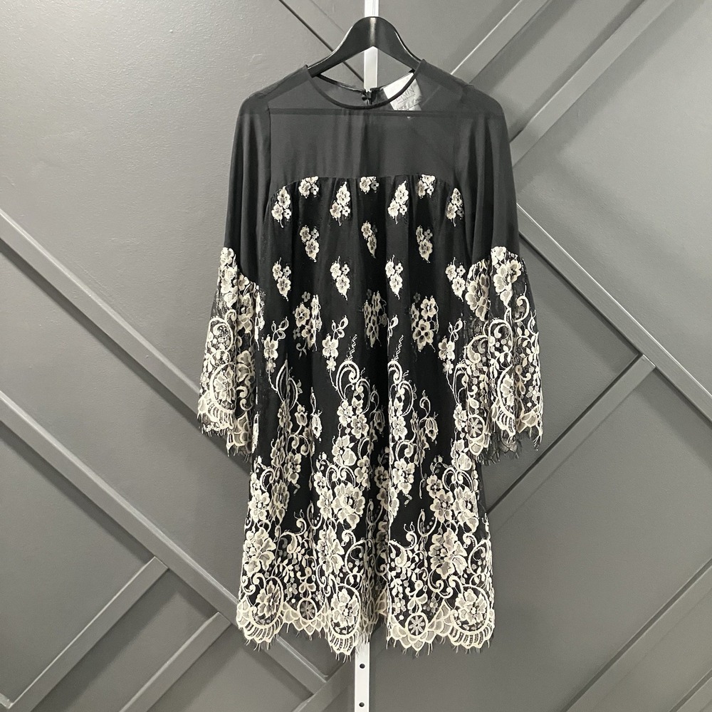 Erin Fetherston Dress Womens 4 Black Embroidered Lace Sheer Bell Sleeve Shift